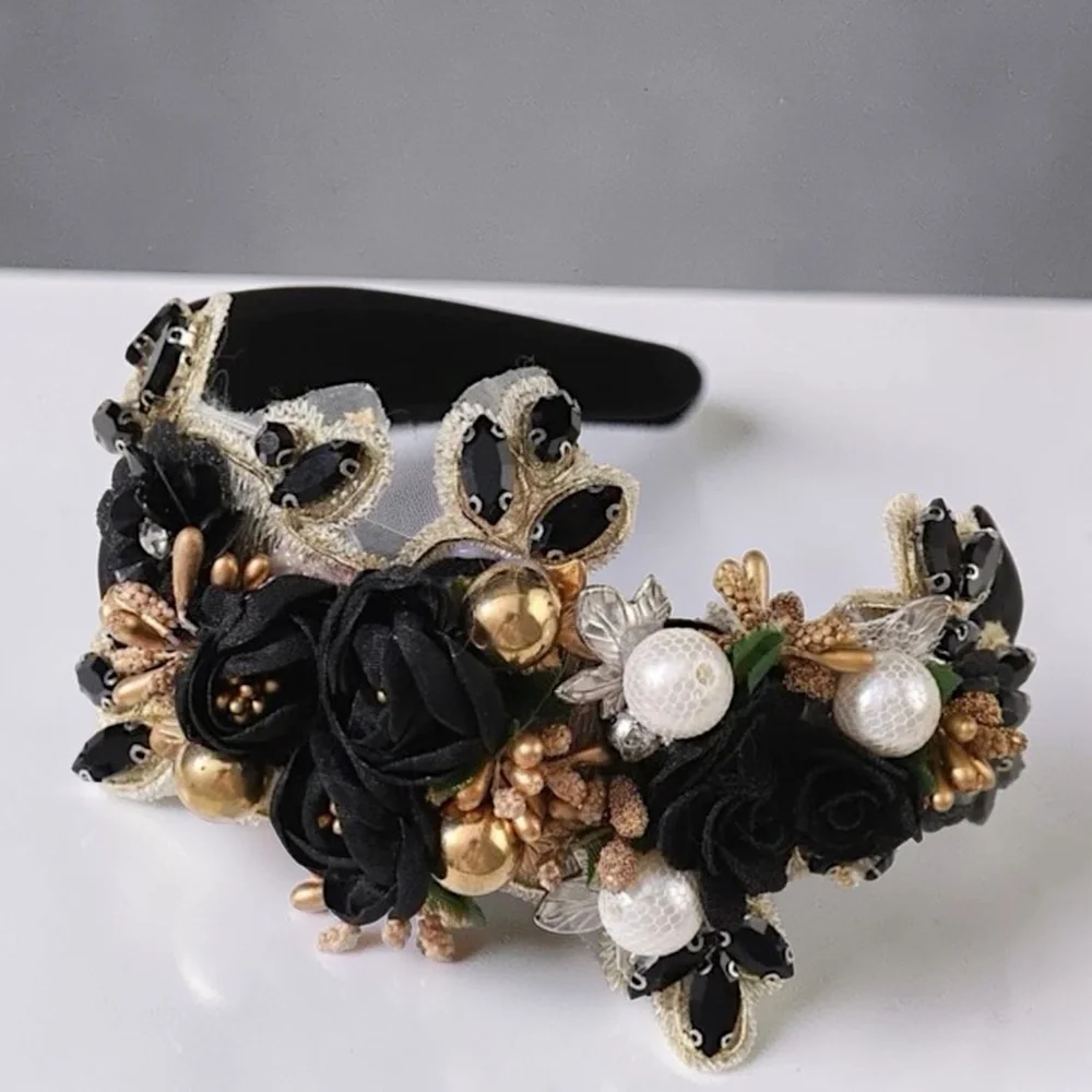 Black Floral Rhinestone Pearl Statement Headband Boutique Glam Hair Accessory